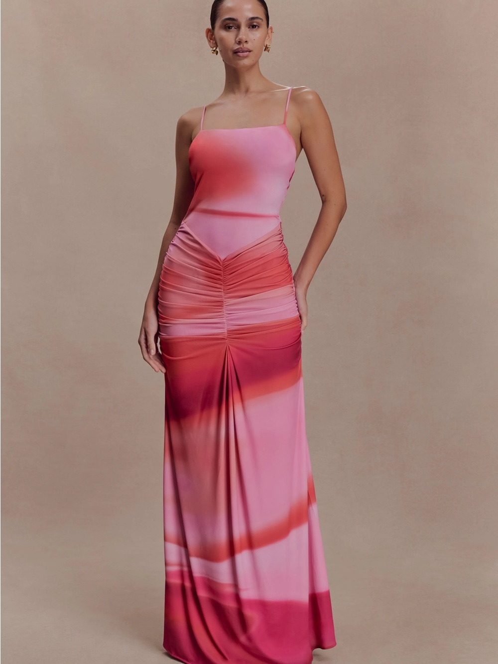 Meshki Slinki Pink to Coral Ombre Ruched Maxi Dress (Never Worn- M)